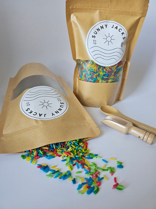Rainbow Sensory Rice - with wooden mini spoon