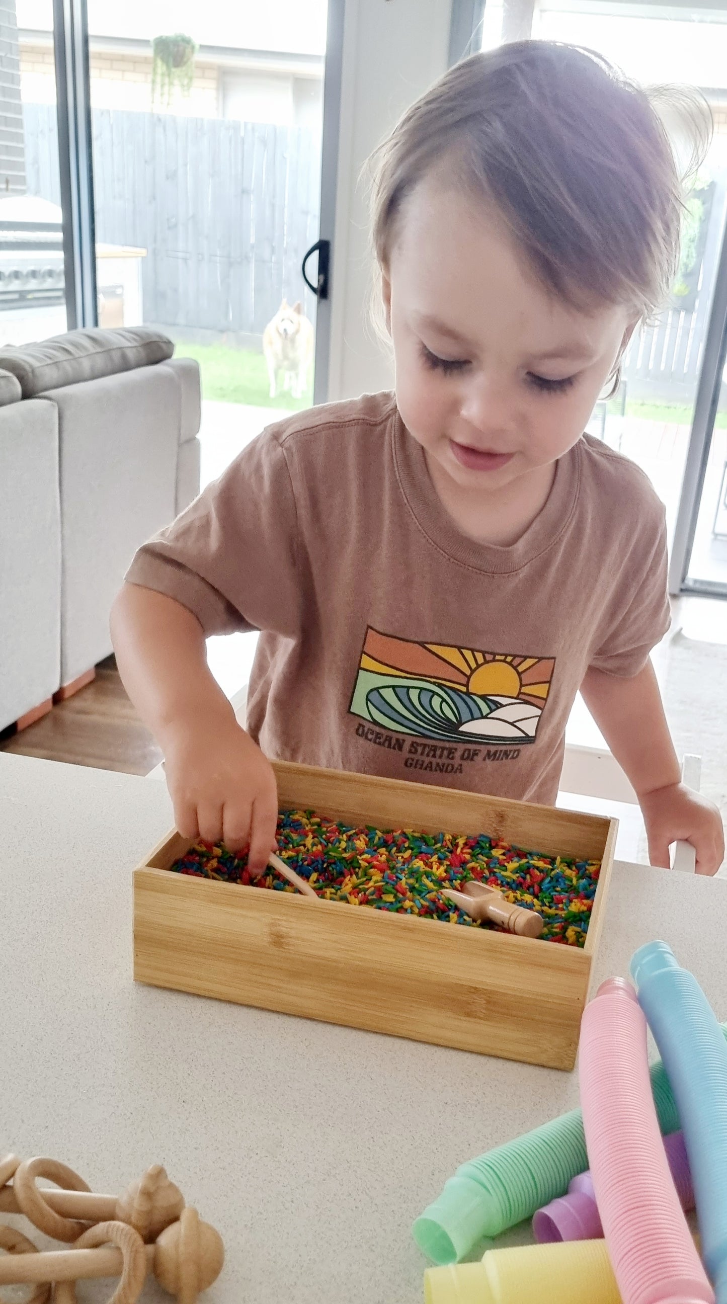 Rainbow Sensory Rice - with wooden mini spoon