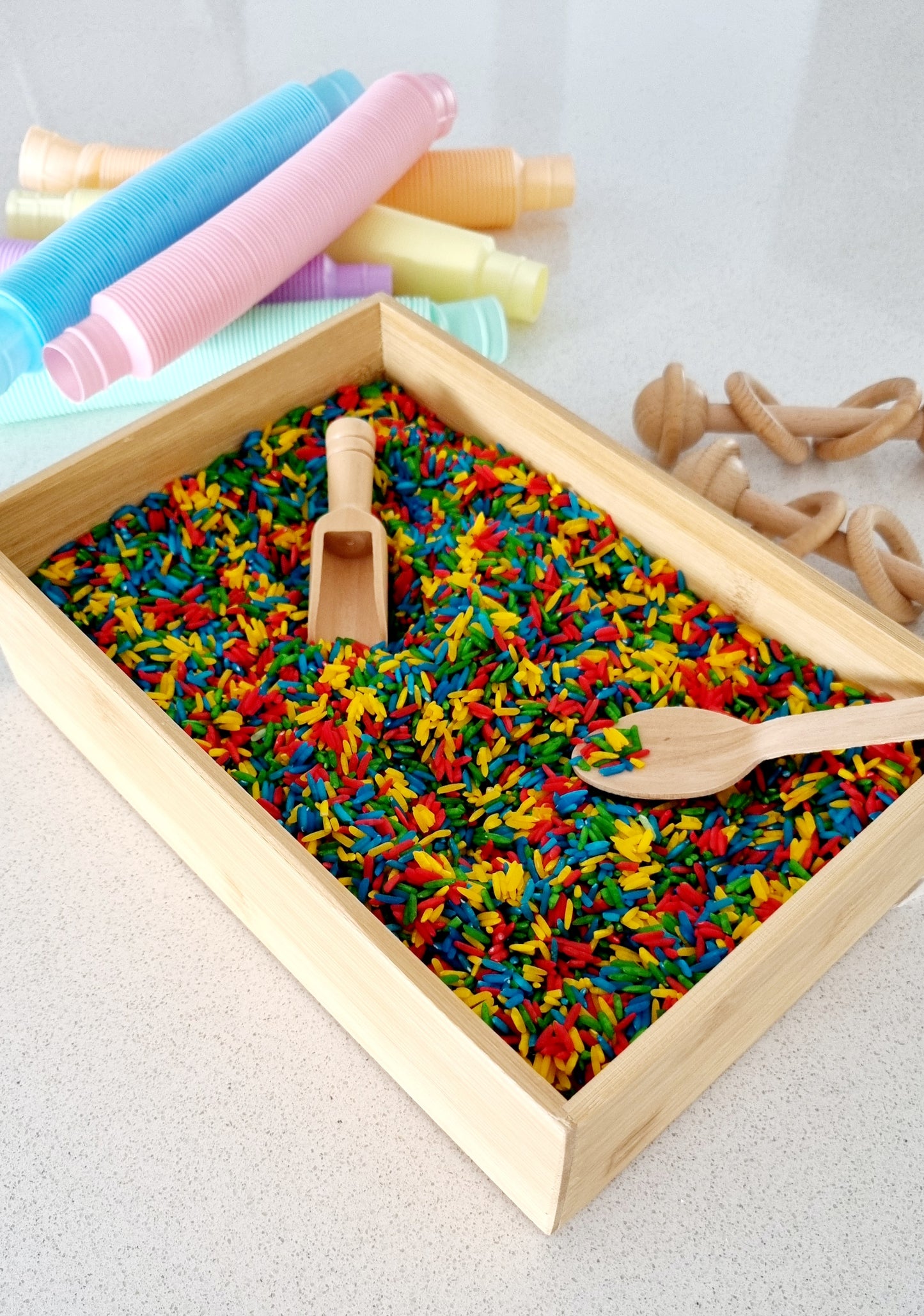 Rainbow Sensory Rice - with wooden mini spoon