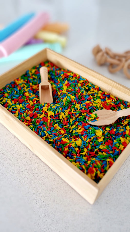 Rainbow Sensory Rice - with wooden mini spoon