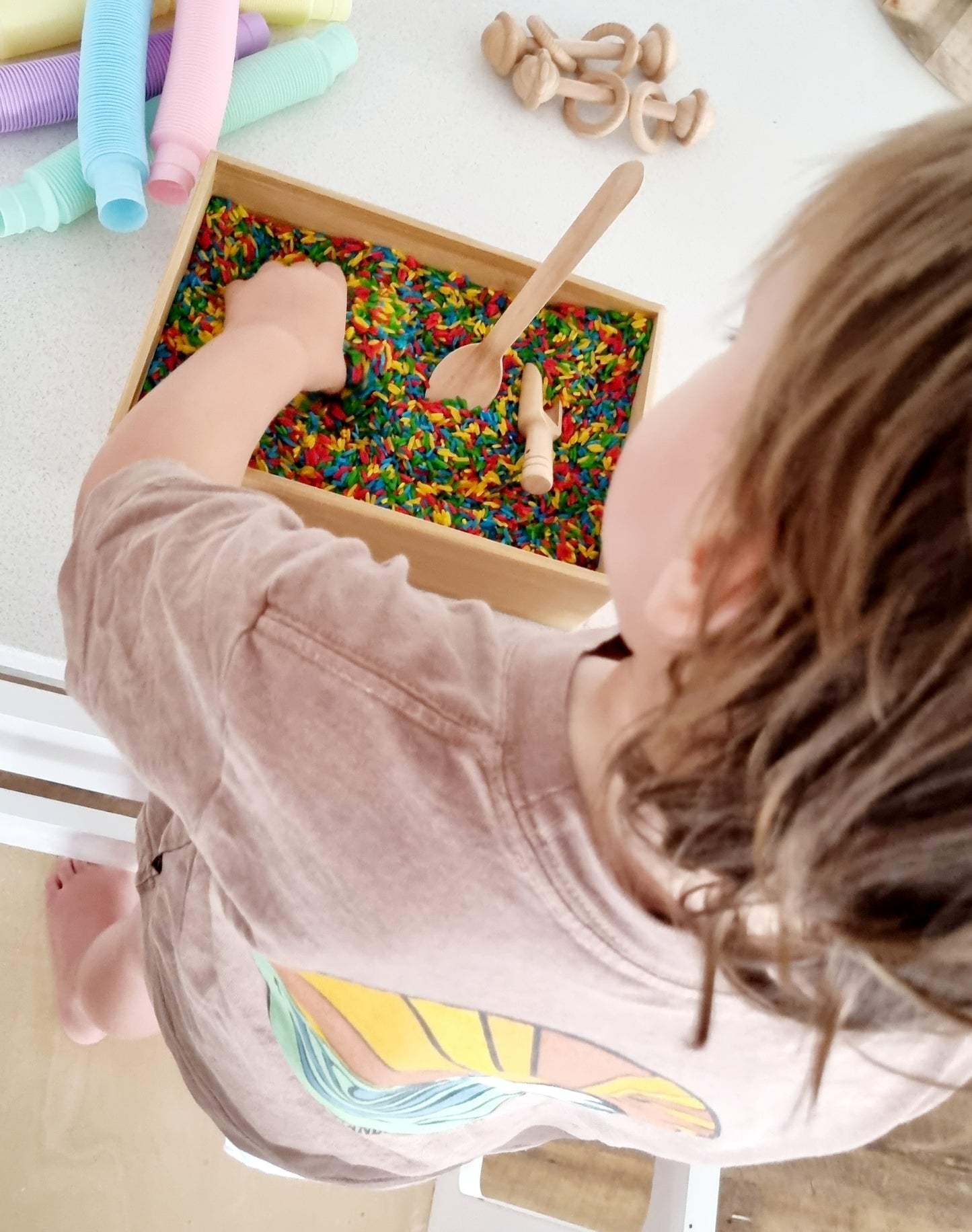 Rainbow Sensory Rice - with wooden mini spoon