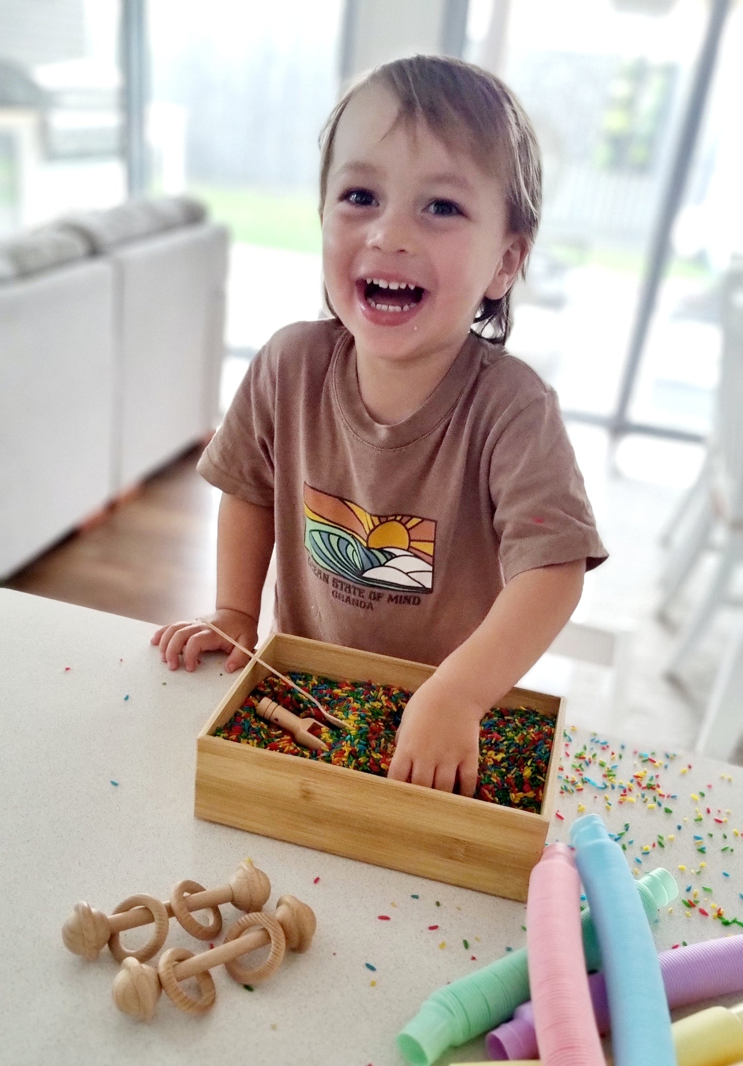 Rainbow Sensory Rice - with wooden mini spoon